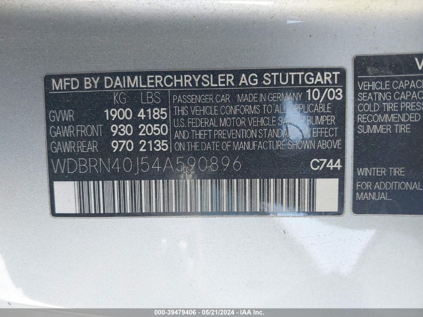 2004 Mercedes-Benz C 230 Kompressor Sport VIN: WDBRN40J54A590896 Lot: 39479406