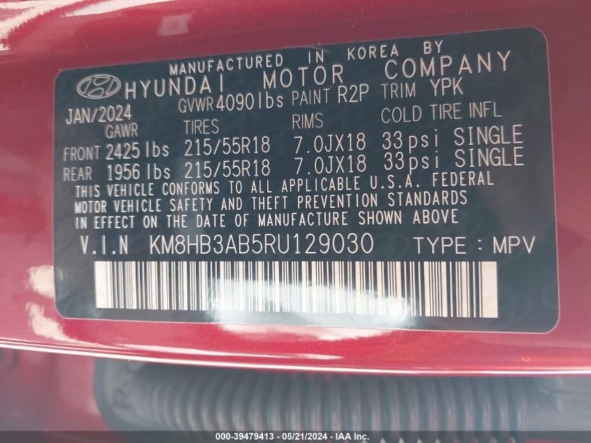 2024 Hyundai Kona Sel VIN: KM8HB3AB5RU129030 Lot: 39479413