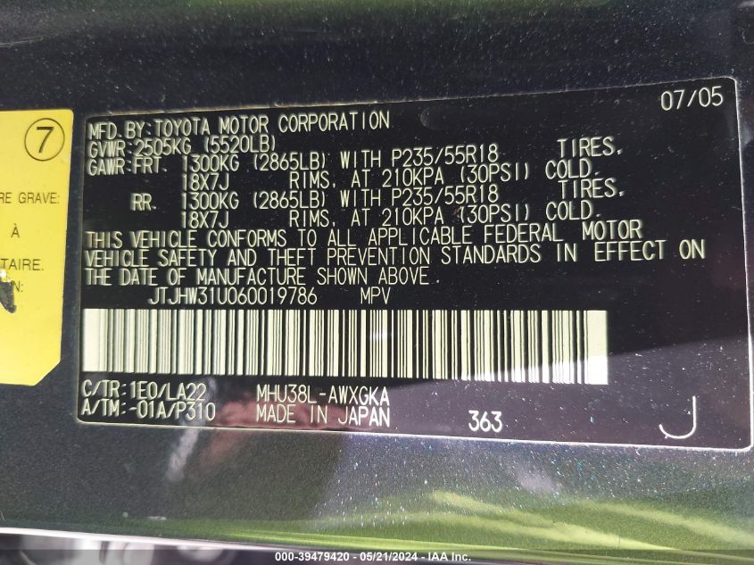 2006 Lexus Rx 400H VIN: JTJHW31U060019786 Lot: 39479420