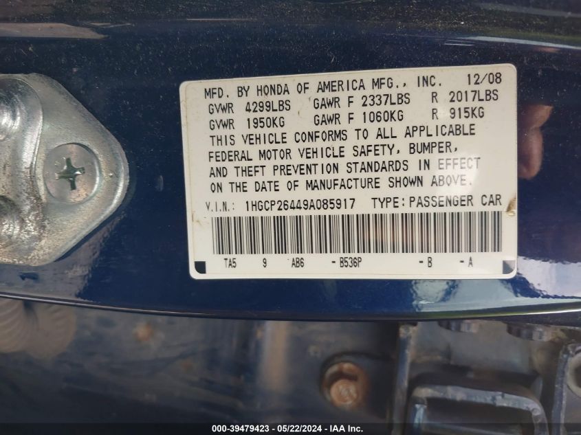 2009 Honda Accord 2.4 Lx-P VIN: 1HGCP26449A085917 Lot: 39479423