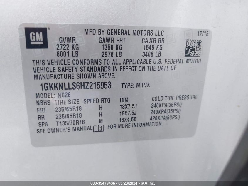 2017 GMC ACADIA SLE-2 - 1GKKNLLS6HZ215953