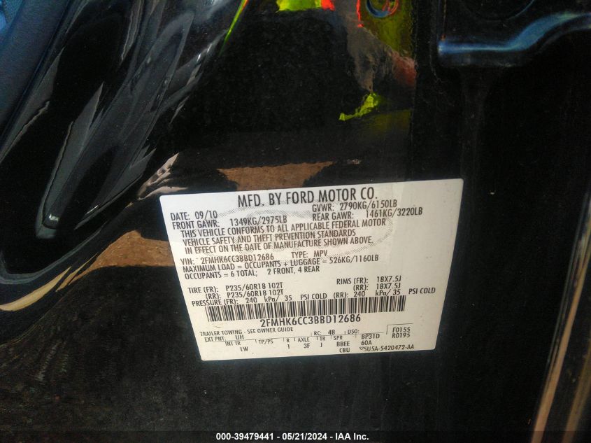 2011 Ford Flex Sel VIN: 2FMHK6CC3BBD12686 Lot: 39479441