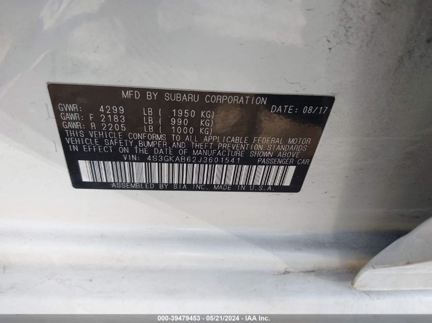 2018 Subaru Impreza 2.0I Premium VIN: 4S3GKAB62J3601541 Lot: 39479453
