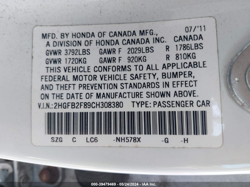 2012 Honda Civic Ex VIN: 2HGFB2F89CH308380 Lot: 39479469