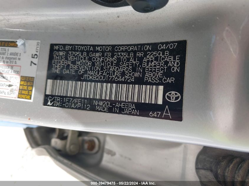 2007 Toyota Prius VIN: JTDKB20U177644724 Lot: 39479475