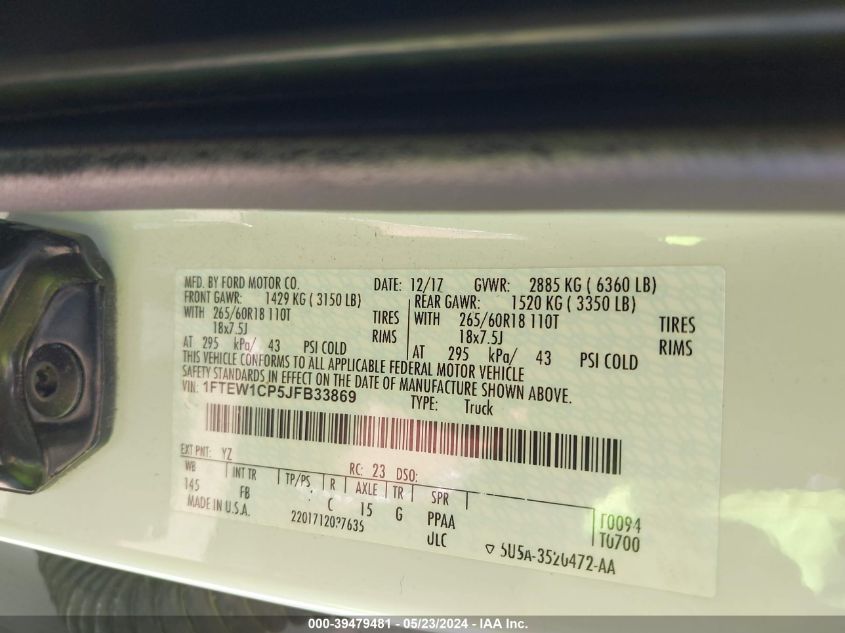 2018 Ford F-150 Xlt VIN: 1FTEW1CP5JFB33869 Lot: 39479481