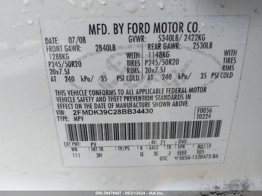 2008 Ford Edge Limited VIN: 2FMDK39C28BB34430 Lot: 39479487