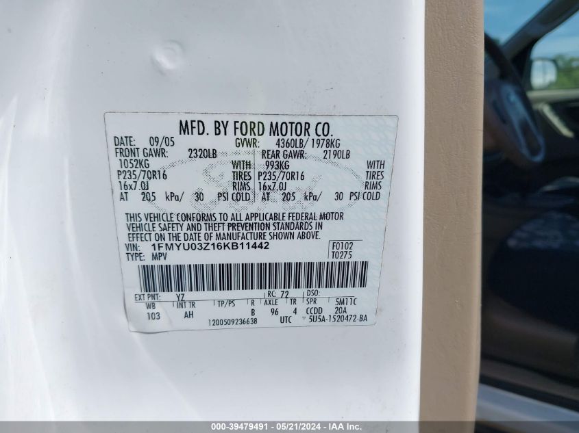 2006 Ford Escape Xlt VIN: 1FMYU03Z16KB11442 Lot: 39479491