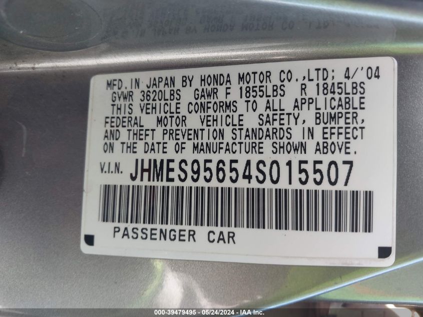 2004 Honda Civic Hybrid VIN: JHMES95654S015507 Lot: 39479495