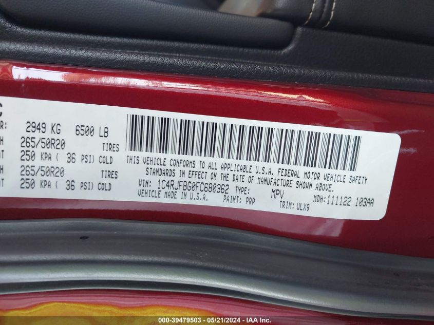 2015 Jeep Grand Cherokee Limited VIN: 1C4RJFBG0FC680362 Lot: 39479503