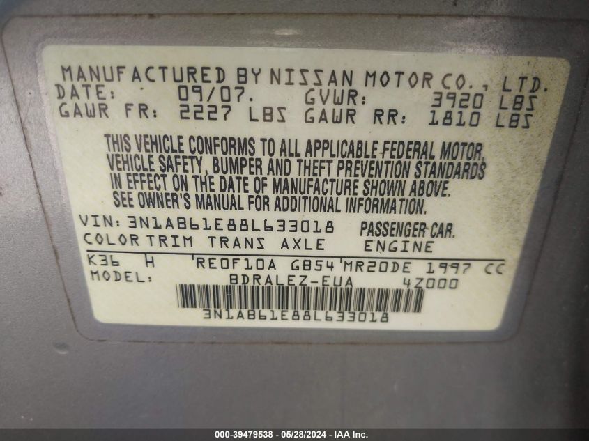 2008 Nissan Sentra 2.0S VIN: 3N1AB61E88L633018 Lot: 39479538