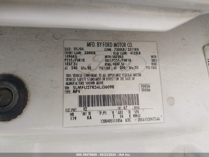 2004 Lincoln Navigator VIN: 5LMFU27R34LG36098 Lot: 39479609