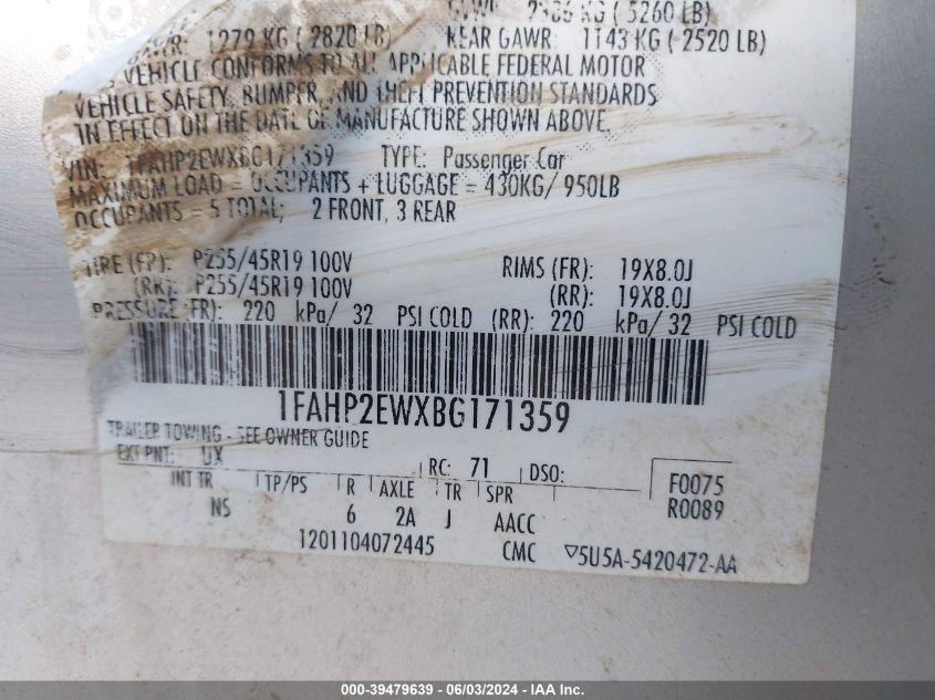 2011 Ford Taurus Sel VIN: 1FAHP2EWXBG171359 Lot: 39479639