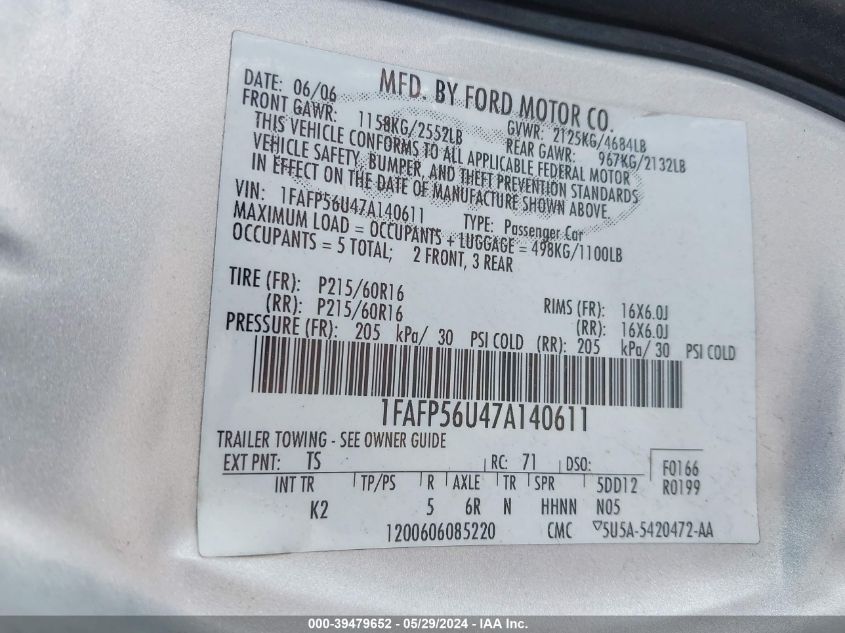 2007 Ford Taurus Sel VIN: 1FAFP56U47A140611 Lot: 39479652