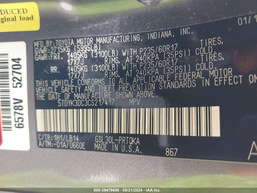 2012 Toyota Sienna Xle V6 8 Passenger VIN: 5TDYK3DC3CS217417 Lot: 39479658