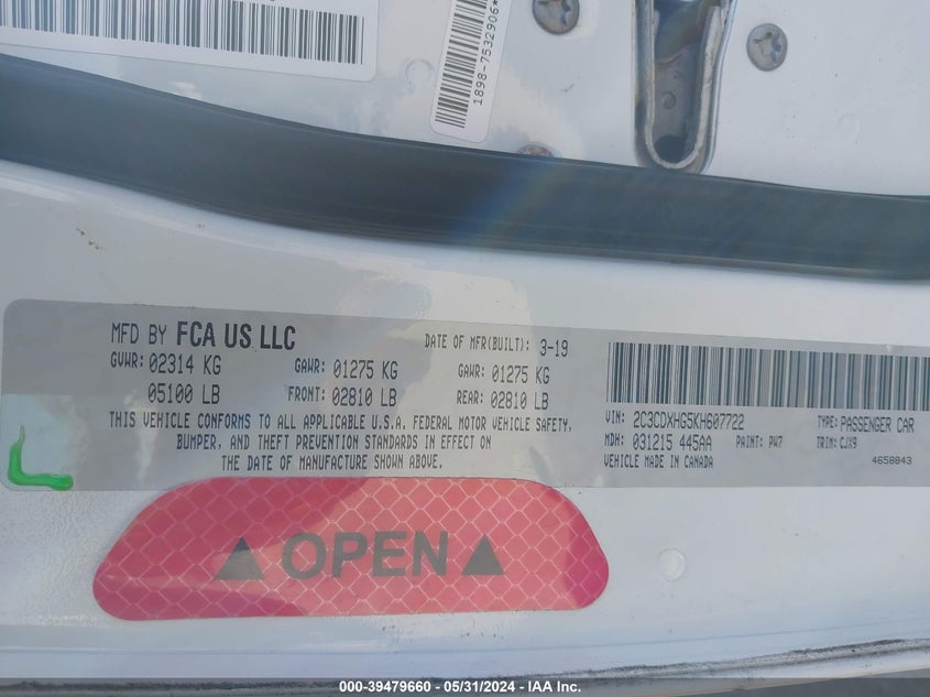 2019 Dodge Charger Gt Rwd VIN: 2C3CDXHG5KH607722 Lot: 39479660