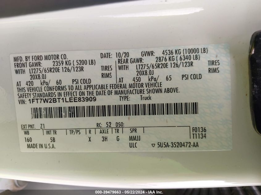 2020 Ford F-250 Lariat VIN: 1FT7W2BT1LEE83909 Lot: 39479663
