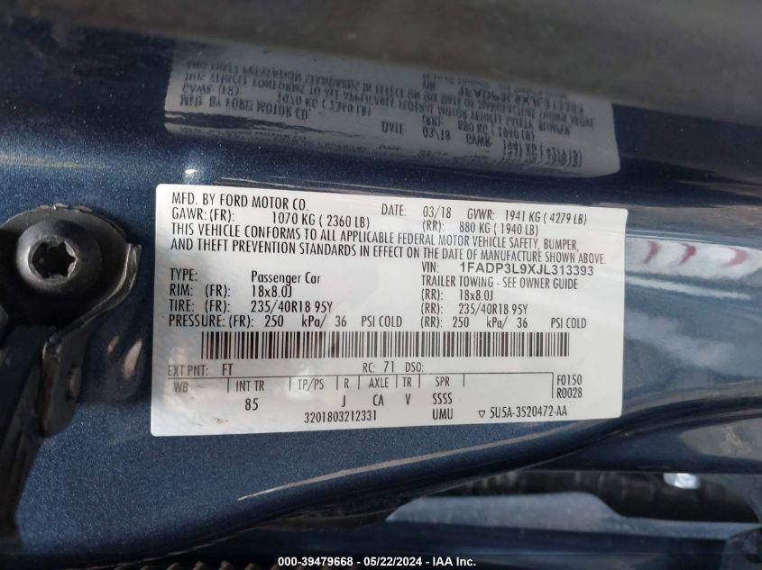 2018 Ford Focus St VIN: 1FADP3L9XJL313393 Lot: 39479668