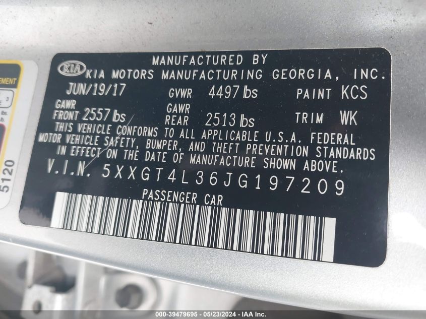 2018 Kia Optima Lx VIN: 5XXGT4L36JG197209 Lot: 39479695