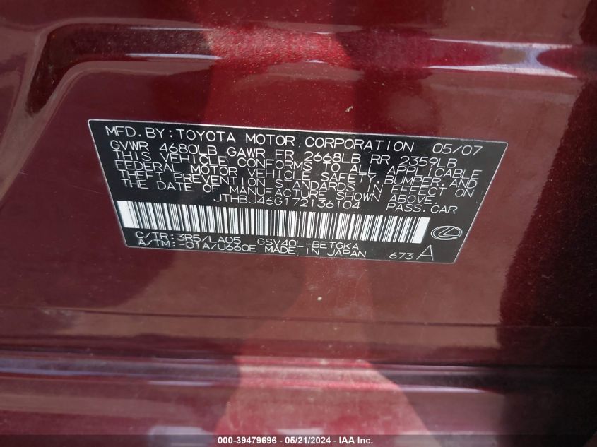 2007 Lexus Es 350 VIN: JTHBJ46G172136104 Lot: 39479696