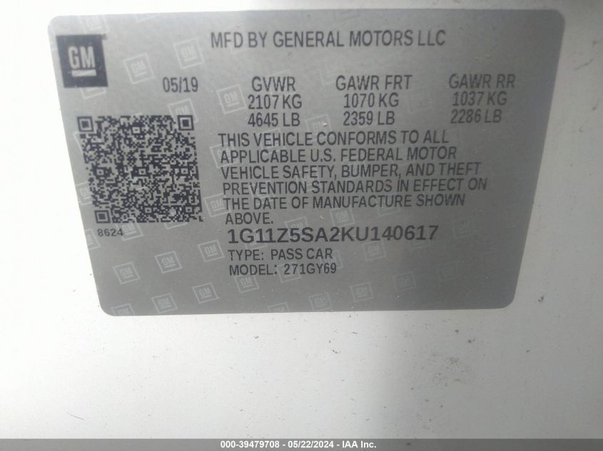 2019 Chevrolet Impala Lt VIN: 1G11Z5SA2KU140617 Lot: 39479708