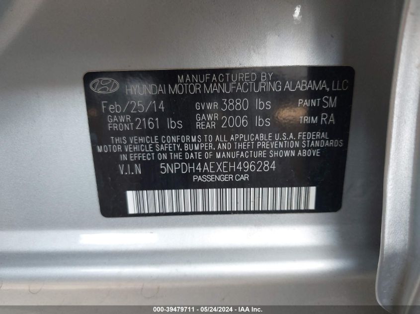 2014 Hyundai Elantra Se VIN: 5NPDH4AEXEH496284 Lot: 39479711