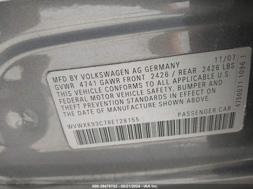 2008 Volkswagen Passat Turbo VIN: WVWXK93C78E128155 Lot: 39479782