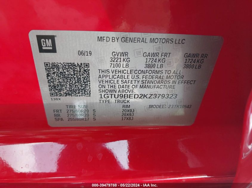 2019 GMC Sierra 1500 Sle VIN: 1GTU9BED2KZ379323 Lot: 39479788