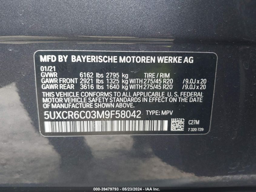 2021 BMW X5 xDrive40I VIN: 5UXCR6C03M9F58042 Lot: 39479793