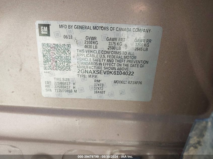 2019 Chevrolet Equinox Ls VIN: 2GNAXSEV0K6104022 Lot: 39479799