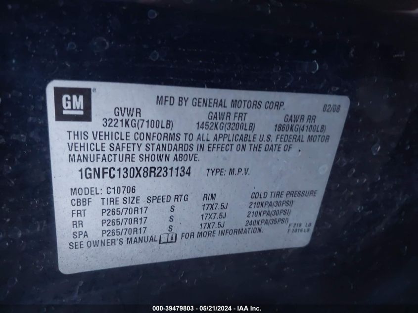 2008 Chevrolet Tahoe Lt VIN: 1GNFC130X8R231134 Lot: 39479803