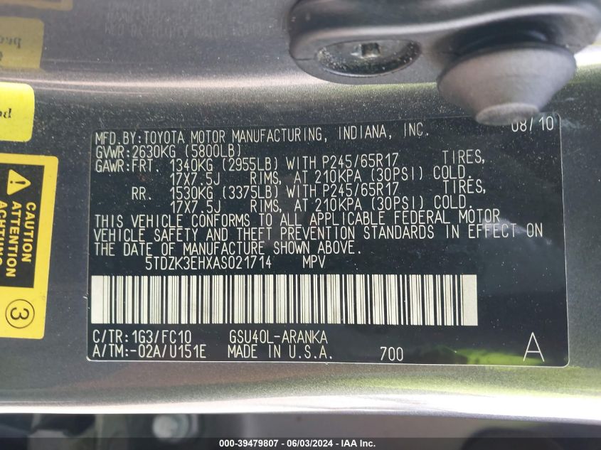 2010 Toyota Highlander Base V6 VIN: 5TDZK3EHXAS021714 Lot: 39479807