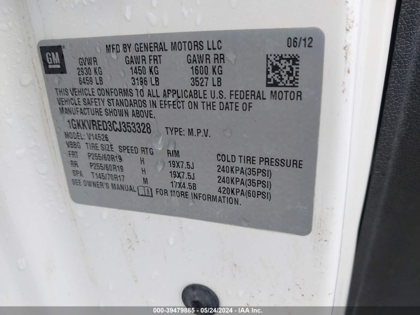 2012 GMC Acadia Slt-1 VIN: 1GKKVRED3CJ353328 Lot: 39479885