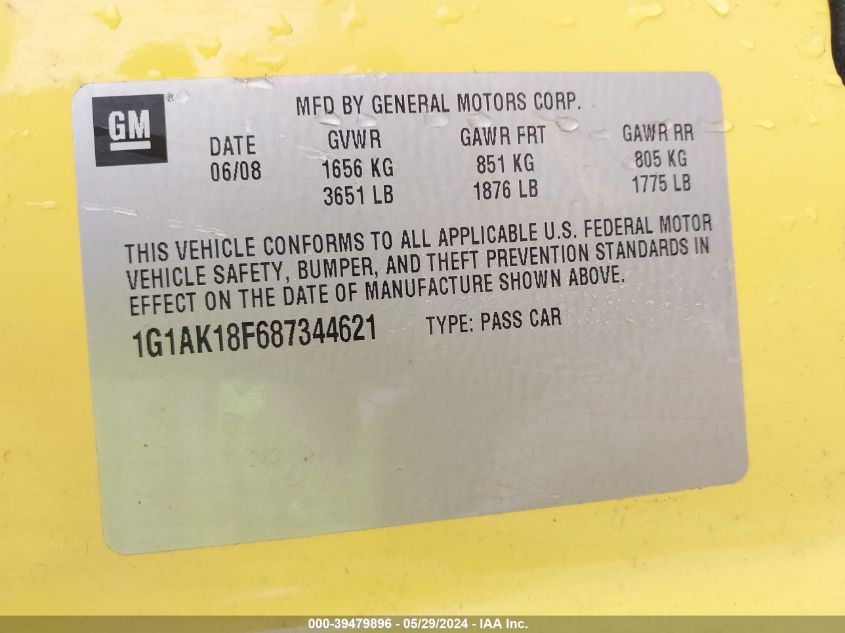 2008 Chevrolet Cobalt Ls VIN: 1G1AK18F687344621 Lot: 39479896