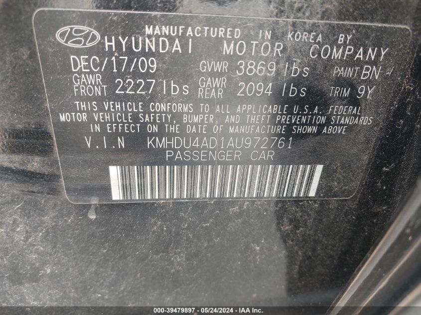 2010 Hyundai Elantra Gls VIN: KMHDU4AD1AU972761 Lot: 39479897