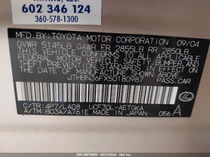 2005 Lexus Ls 430 VIN: JTHBN36FX50180987 Lot: 39479899