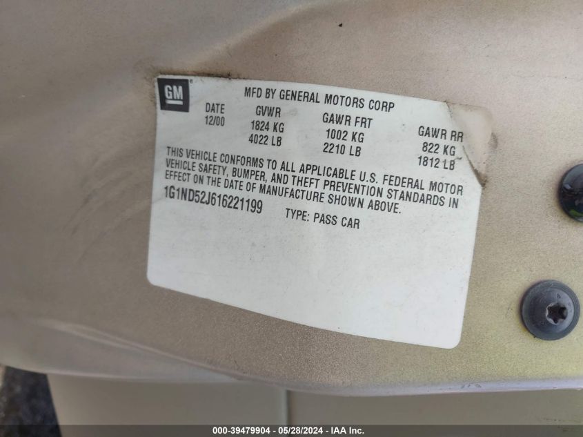 2001 Chevrolet Malibu VIN: 1G1ND52J616221199 Lot: 39479904
