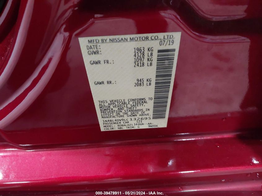 2020 Nissan Altima Sv Fwd VIN: 1N4BL4DV9LC132695 Lot: 39479911