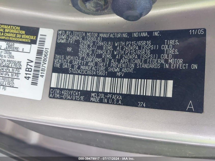 2006 Toyota Sienna Le VIN: 5TDZA23CX6S419601 Lot: 39479917