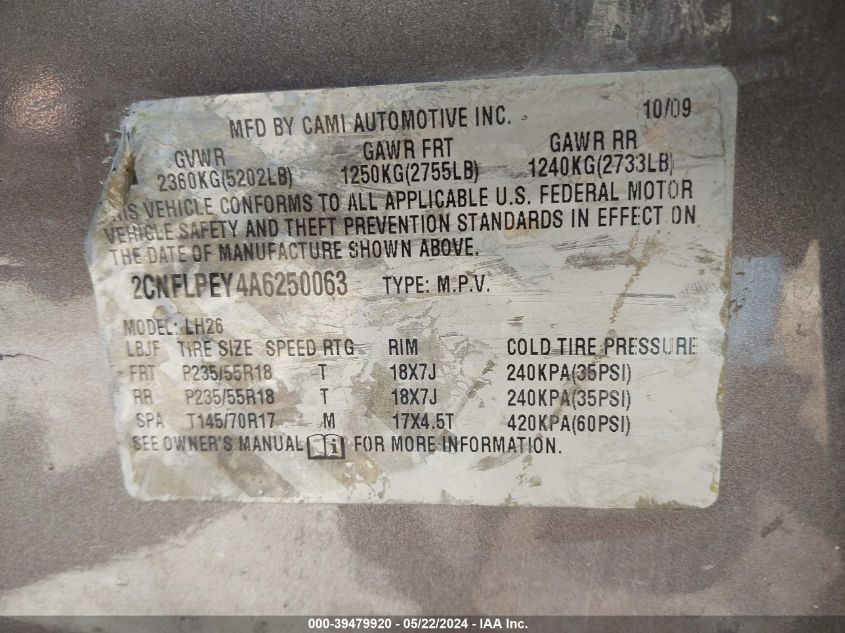 2010 Chevrolet Equinox Lt VIN: 2CNFLPEY4A6250063 Lot: 39479920