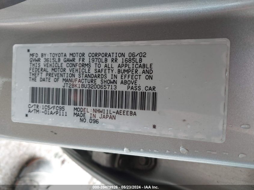 2002 Toyota Prius VIN: JT2BK18U320065713 Lot: 39479926