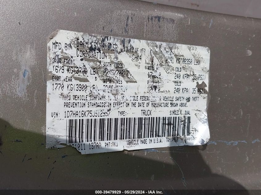 2005 Dodge Ram 1500 St VIN: 1D7HA16K75J512957 Lot: 39479929