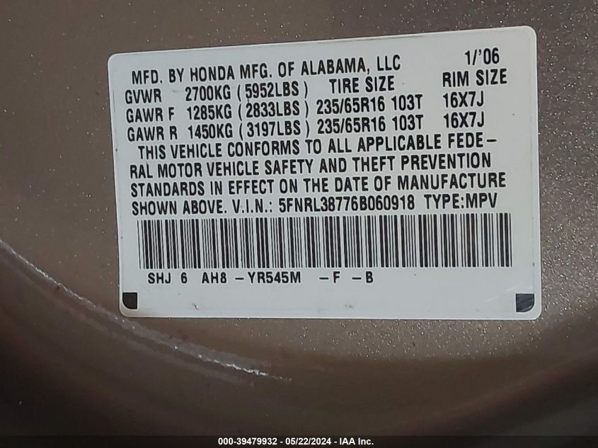 2006 Honda Odyssey Ex-L VIN: 5FNRL38776B060918 Lot: 39479932