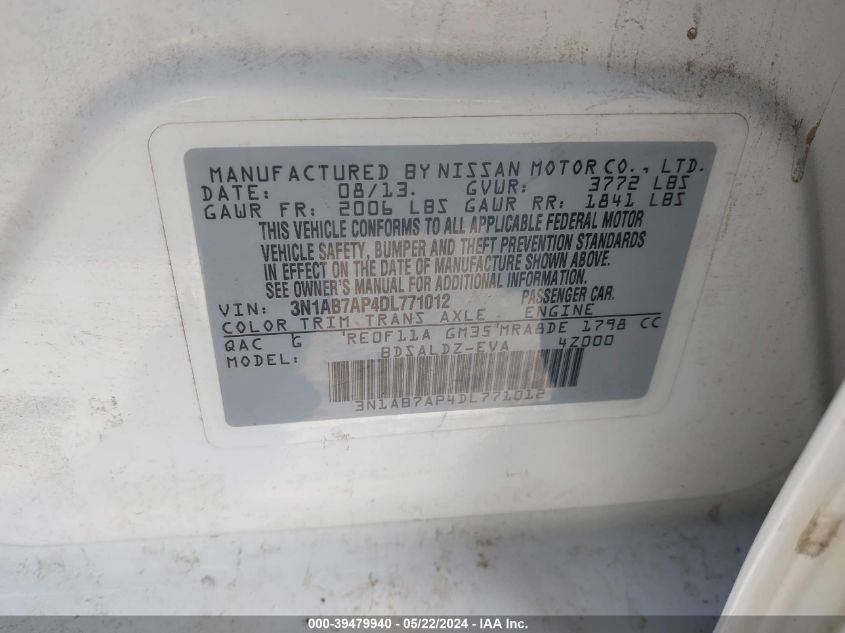 2013 Nissan Sentra Sv VIN: 3N1AB7AP4DL771012 Lot: 39479940