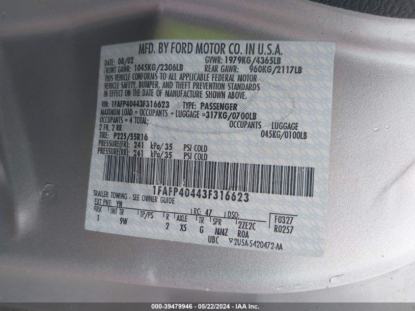 2003 Ford Mustang VIN: 1FAFP40443F316623 Lot: 39479946