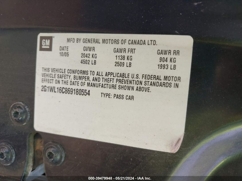 2006 Chevrolet Monte Carlo Ss VIN: 2G1WL16C869180554 Lot: 39479948