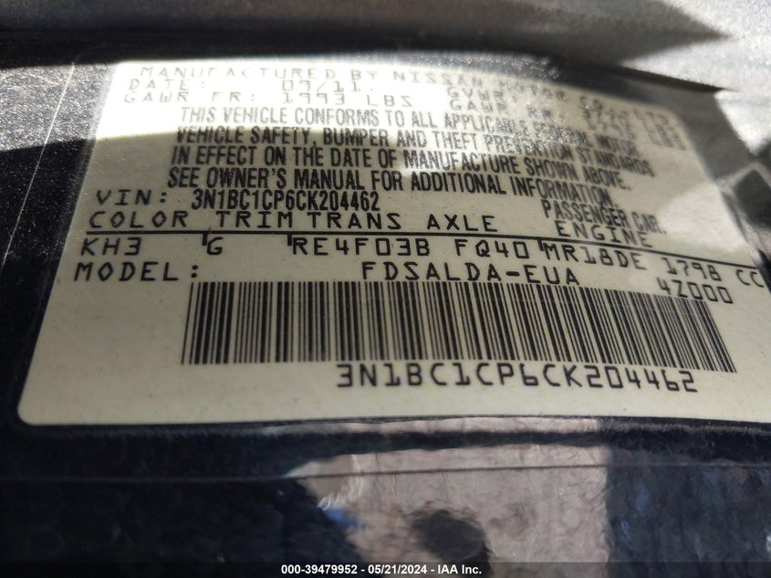 2012 Nissan Versa 1.8 S VIN: 3N1BC1CP6CK204462 Lot: 39479952