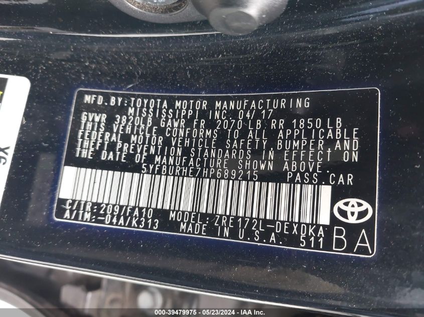 2017 Toyota Corolla L VIN: 5YFBURHE7HP68921 Lot: 39479975