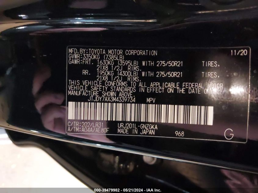 2021 Lexus Lx 570 Three-Row VIN: JTJDY7AX3M4339734 Lot: 39479982