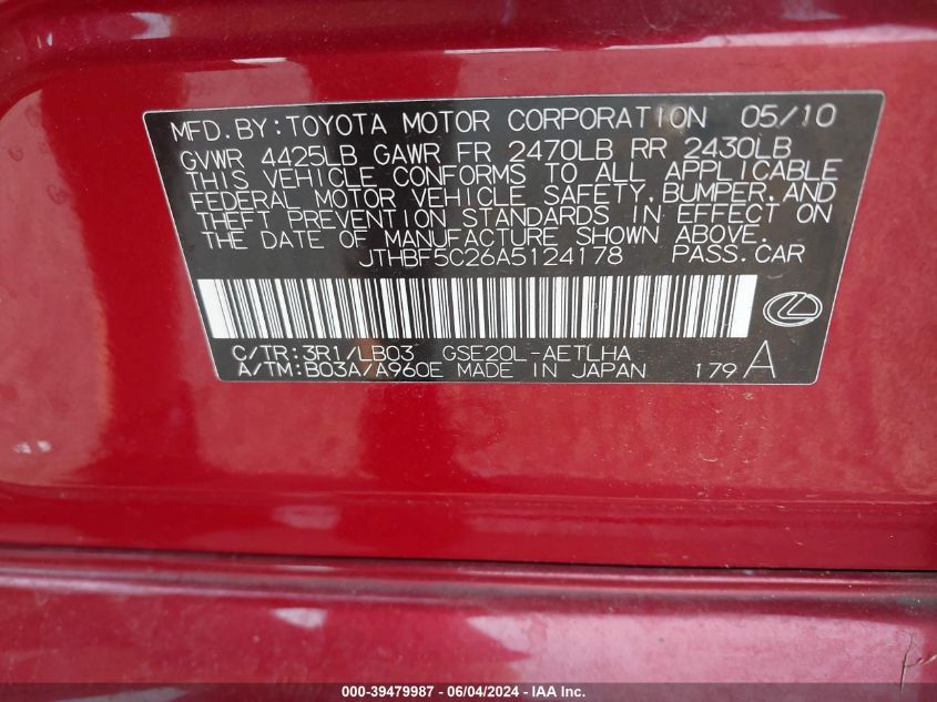 2010 Lexus Is 250 VIN: JTHBF5C26A5124178 Lot: 39479987